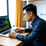 A professional Malay man, fully clothed in a modest dark business shirt and trousers, sitting comfortably at a sleek wooden desk in a brightly lit modern home office. He is focused on a laptop screen displaying intricate stock market charts and financial data. The background features a subtle, out-of-focus bookshelf and a minimalist desk lamp, creating a calm and focused atmosphere. His expression is thoughtful and composed, embodying careful financial analysis. perfect anatomy, correct proportions, natural pose, well-formed hands, proper finger count, natural body proportions, professional photography, high quality, safe for work, appropriate content, fully clothed, professional.